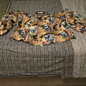 PrettyLittleThing Blue and Orange Ruffled 3/4 Sleeve Blouse